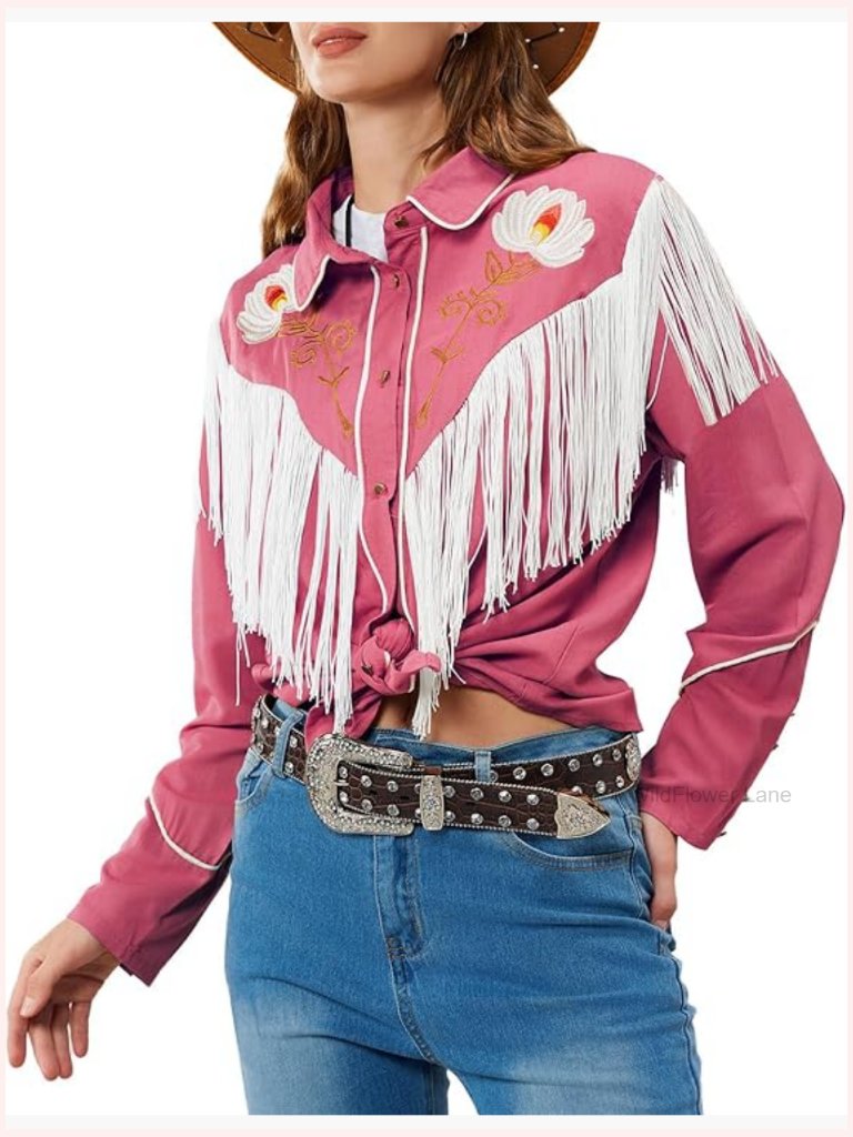 Floral Embroidered Fringe Western Button Down Shirt Cowgirl Rodeo Top